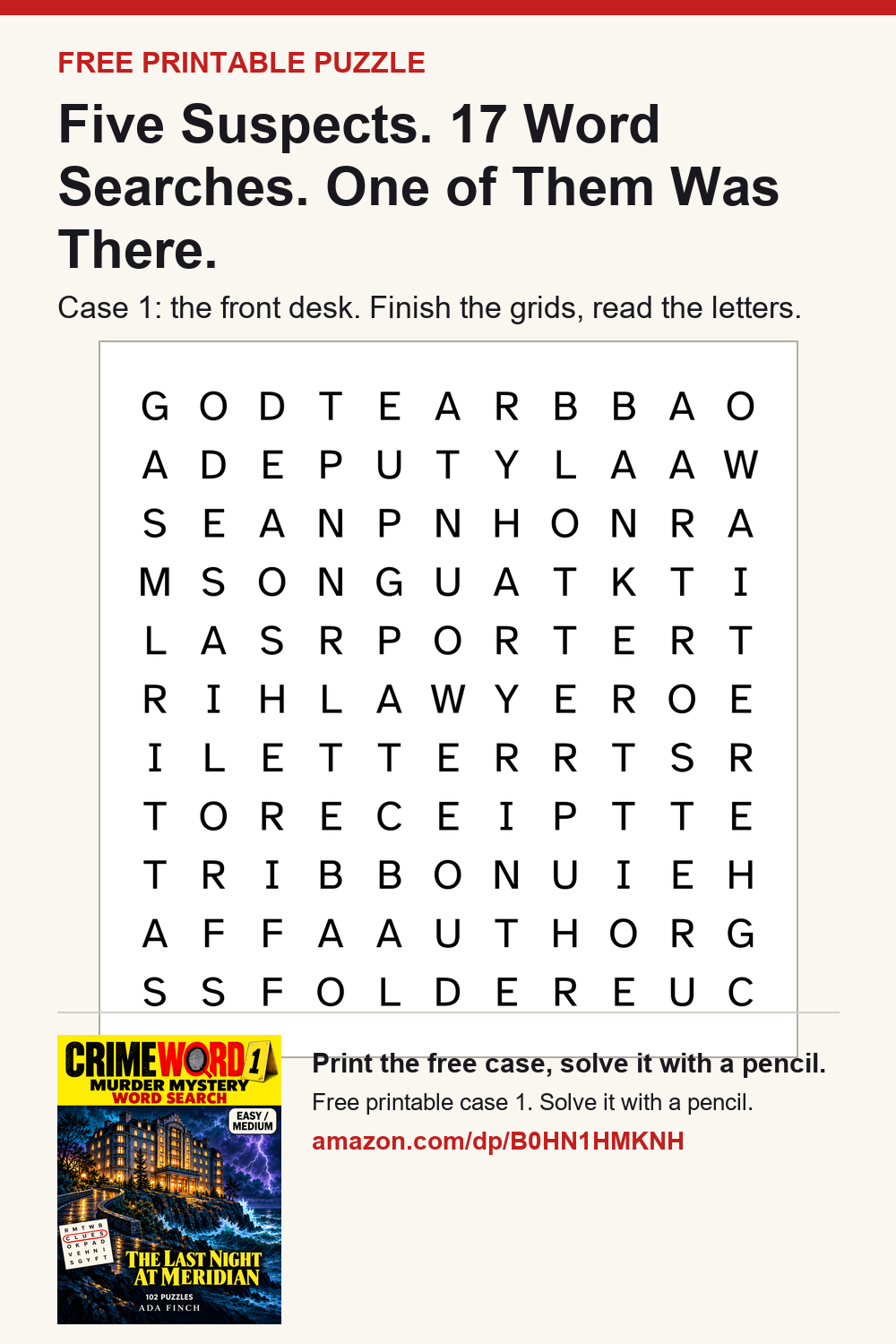 a printable word search grid from the book next to the paperback cover and the words of the case